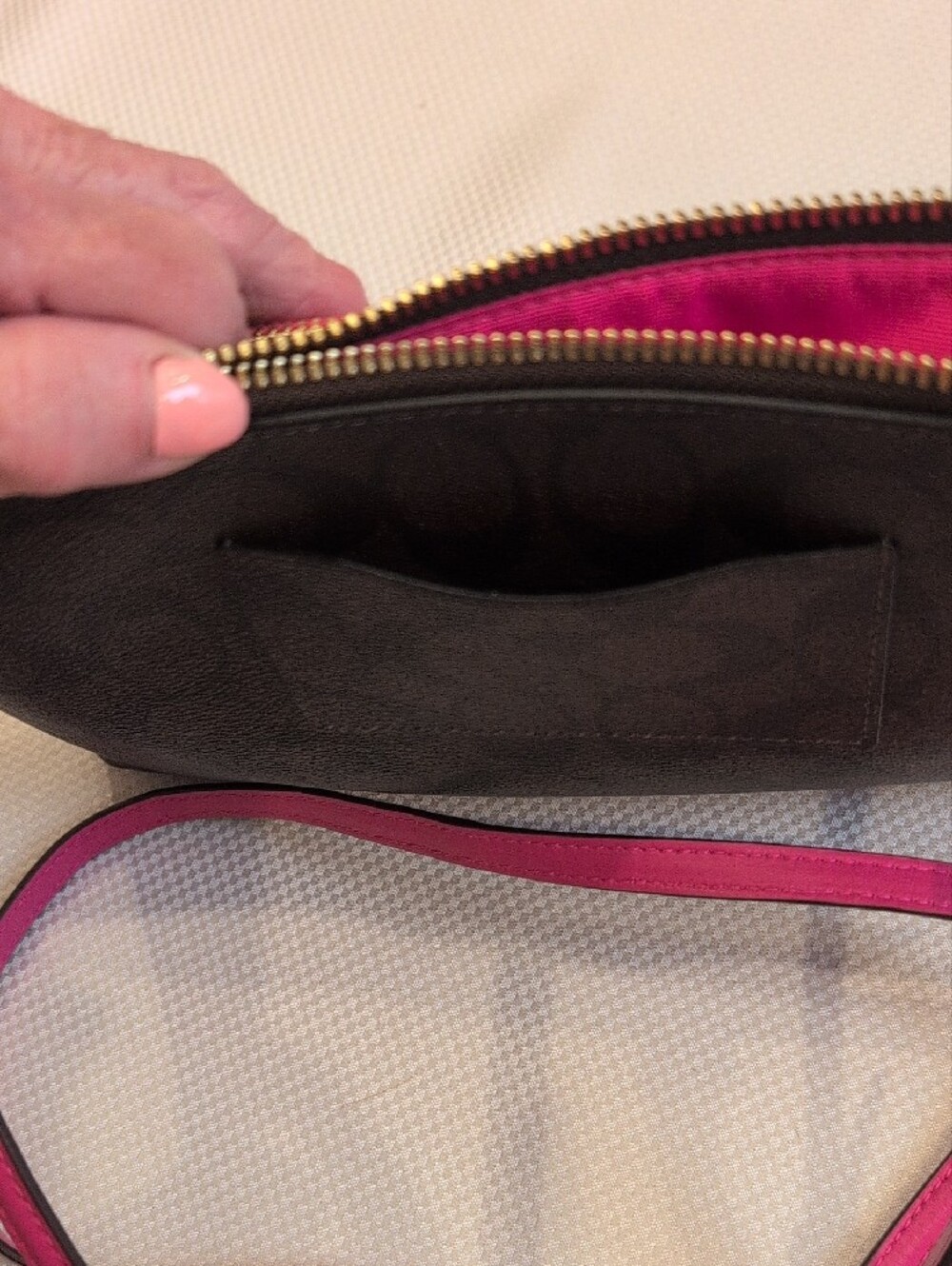 COACH Brown Signature East/West Pop Crossbody with Pink Trim and Strap - Picture 7 of 7